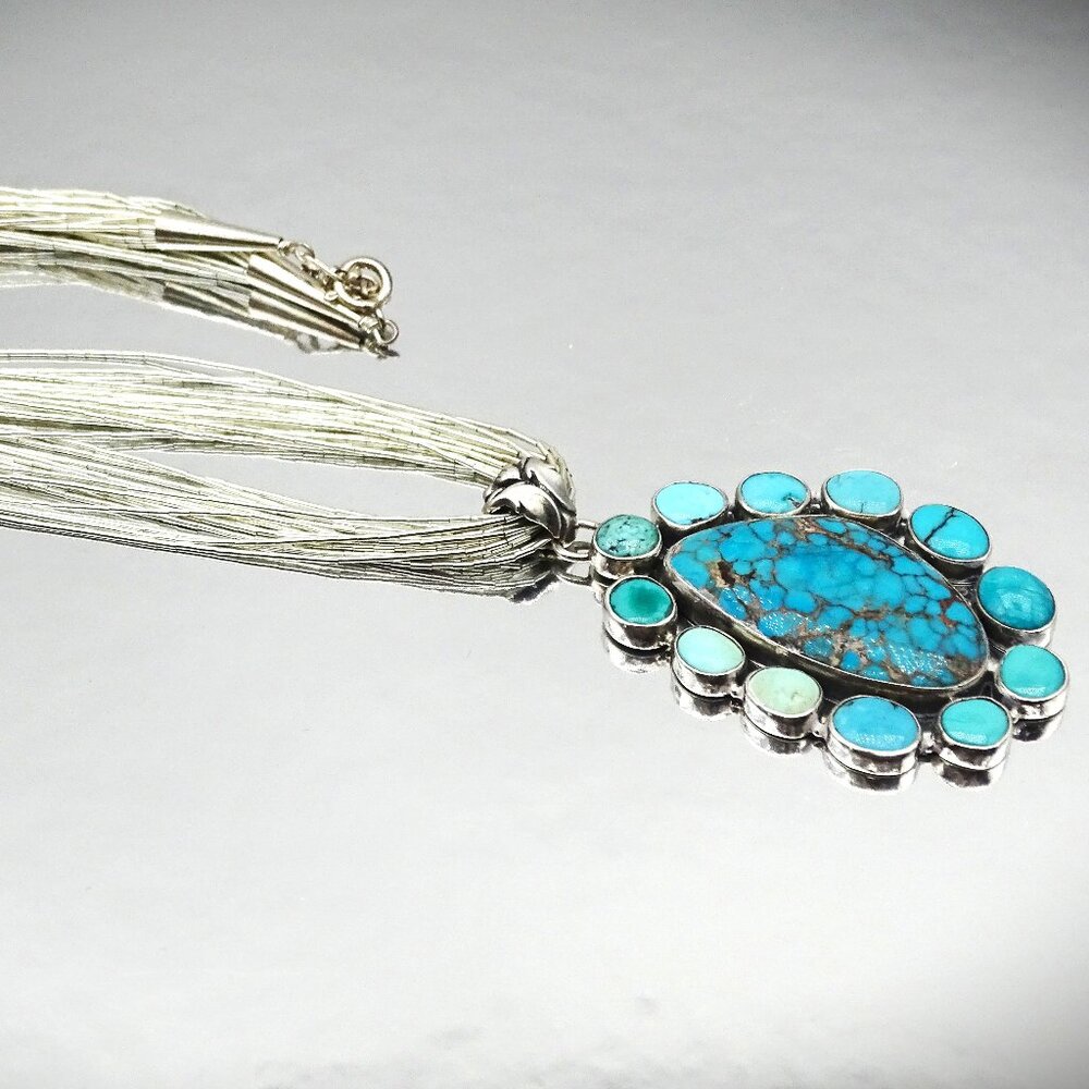 SOUTHWEST Sterling Silver Turquoise Pendant & Liquid Silver Chain Necklace - Picture 5 of 10
